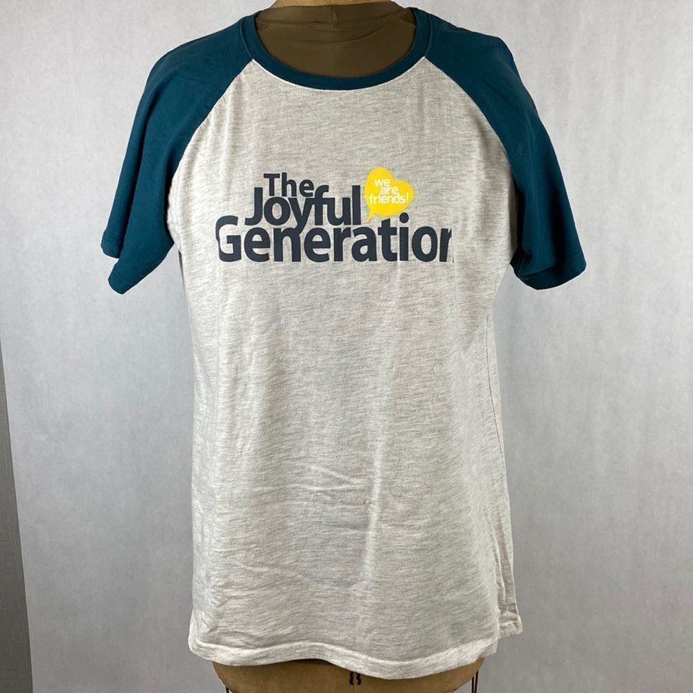 The Joyful Generation Raglan Tshirt XL Short Sleeve Oatmeal Turquoise Blue